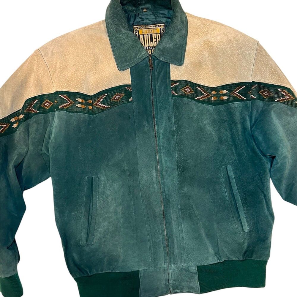 Vintage Adler Western Leather & Wool Jacket Jade 80s Southwestern Aztec Unisex L